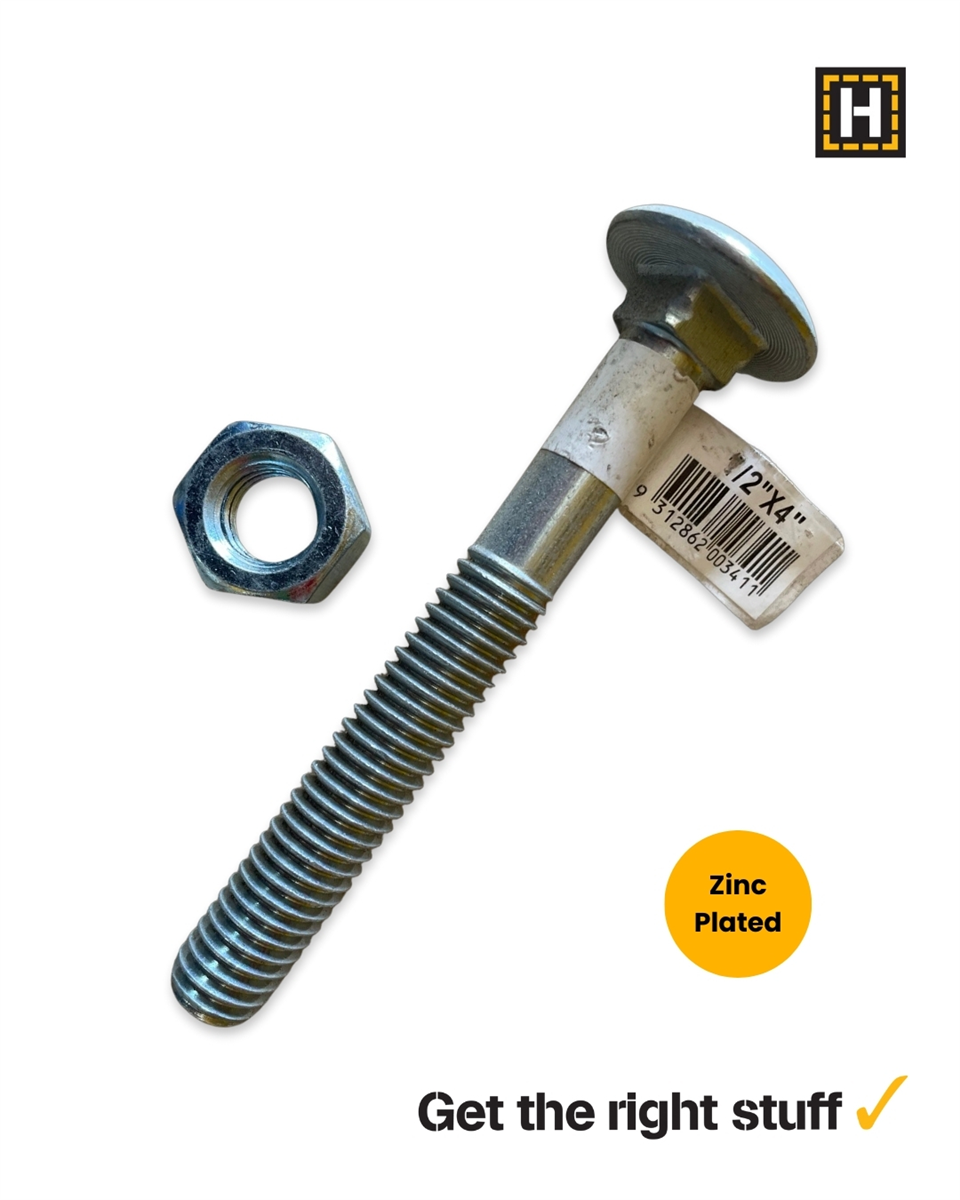 Macsim 1/2 x 4" Cup head BOLT & NUT Zinc Plated