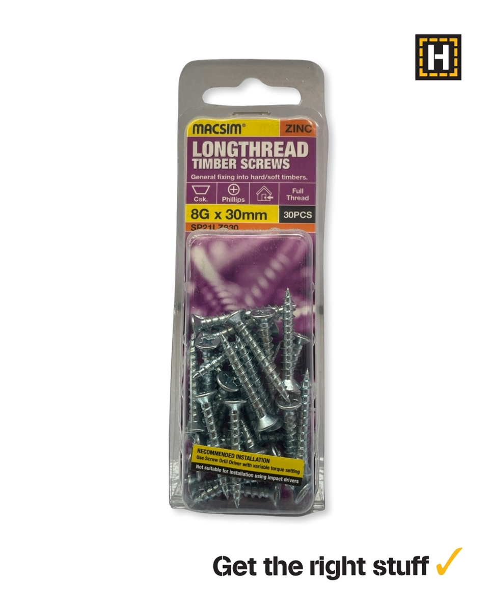 MACSIM 8 X 30mm LONGTHREAD Timber Screws Zinc plated