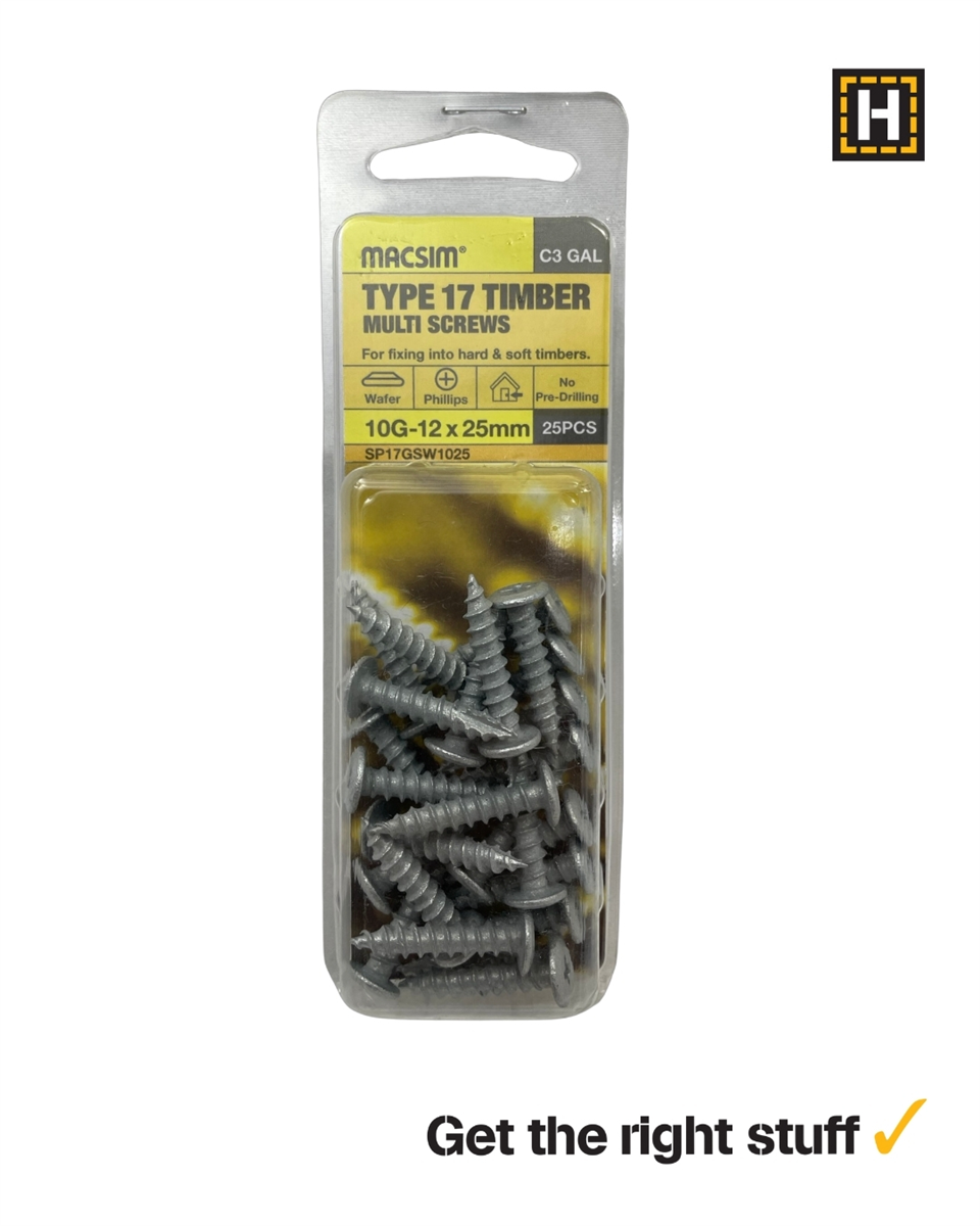 10g x 25mm Type 17 wafer head timber screw, class 3 galvanised