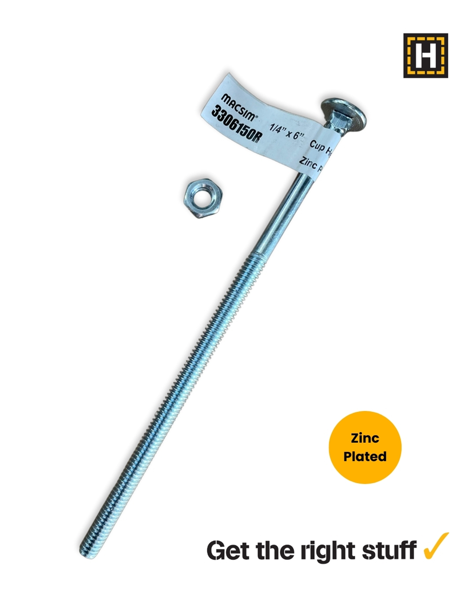 Macsim 1/4 x 6" Cup head BOLT & NUT Zinc Plated
