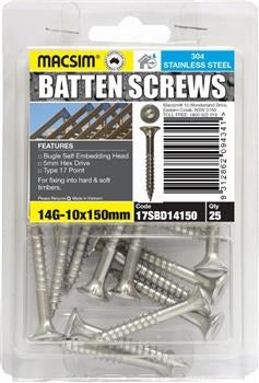 SS BATTEN SCREWS 14-10 X 150 D BLISTER PACK