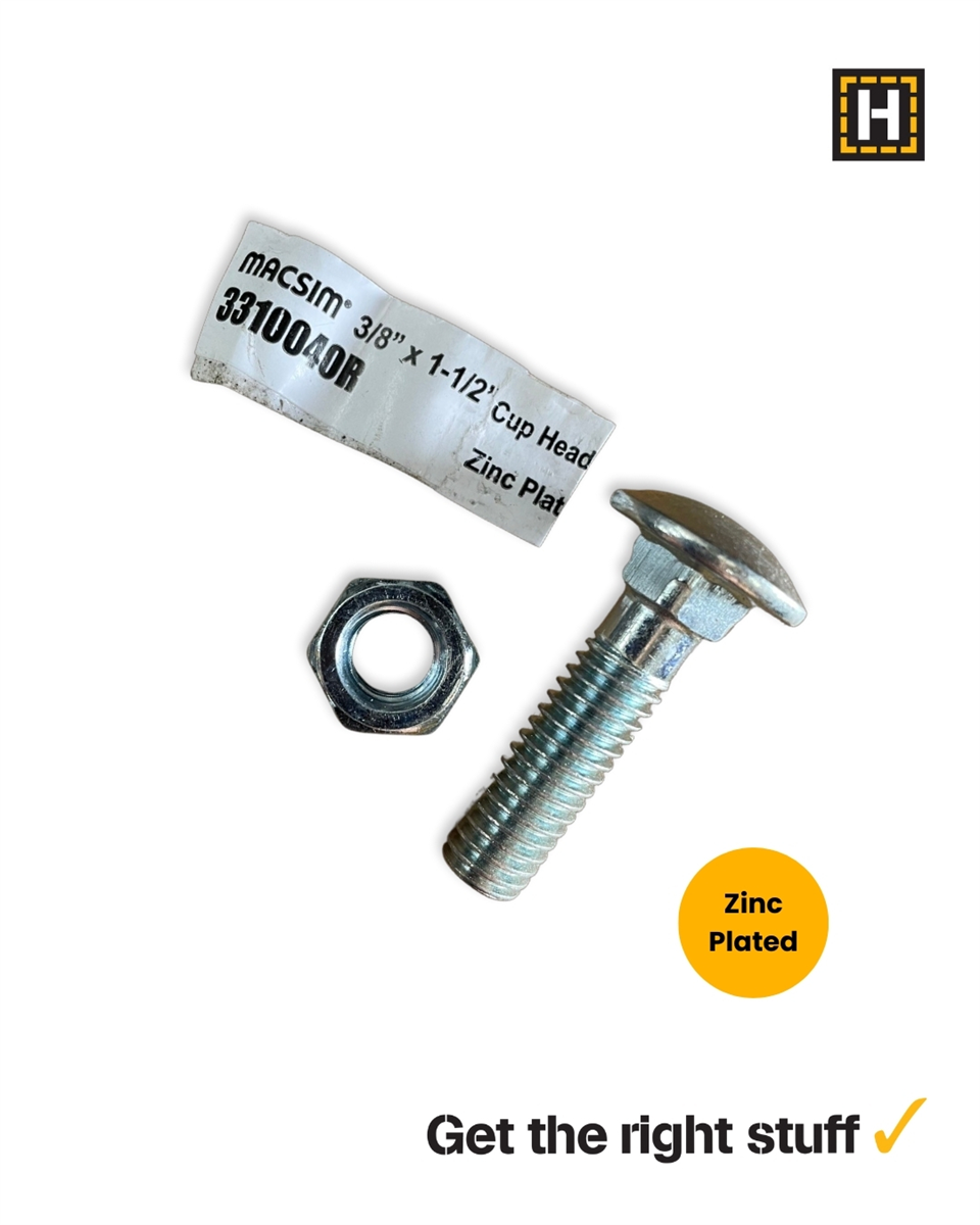 Macsim 3/8 x 1 1/2" Cup head BOLT & NUT Zinc Plated