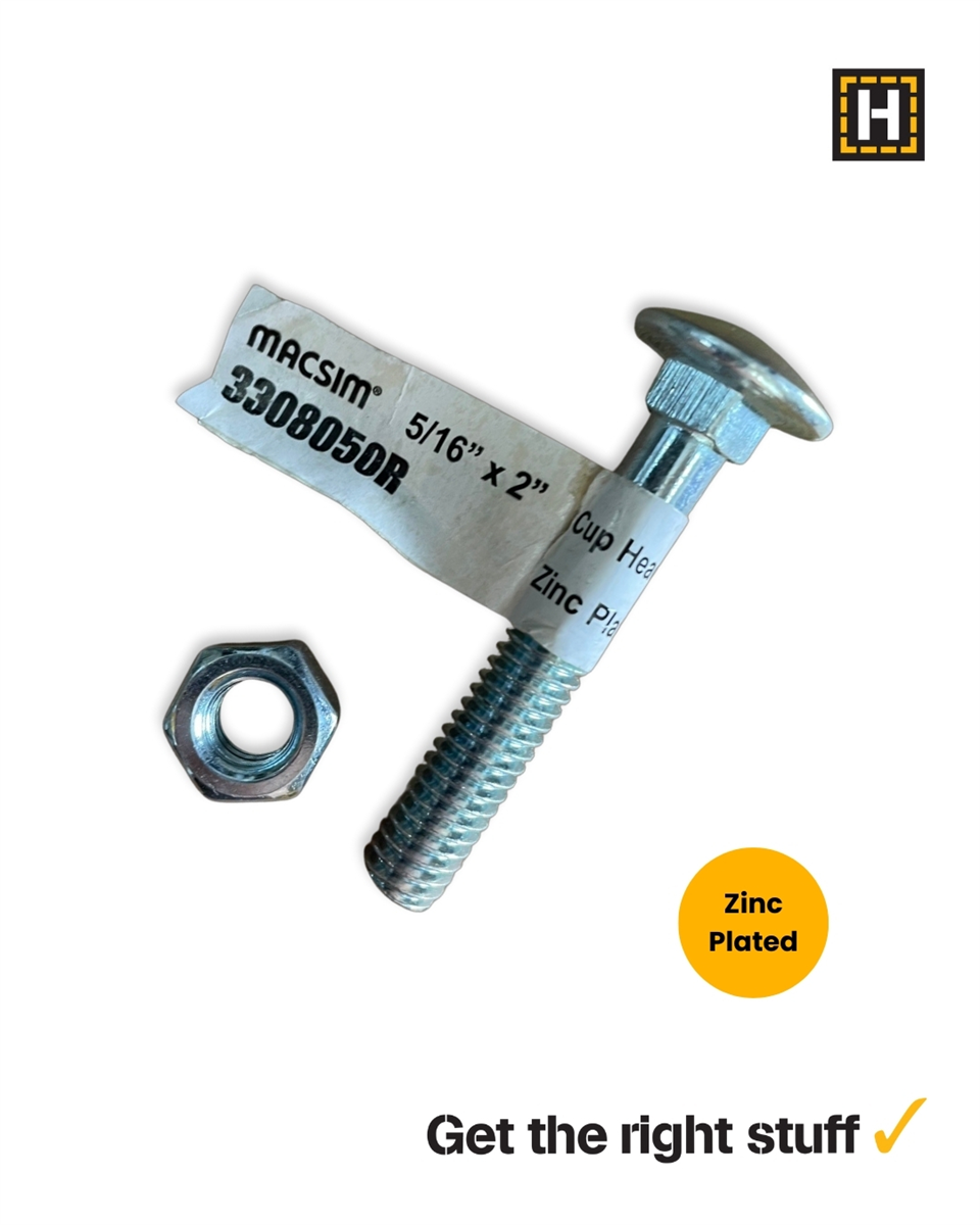 Macsim 5/16 x 2" Cup head BOLT & NUT Zinc Plated