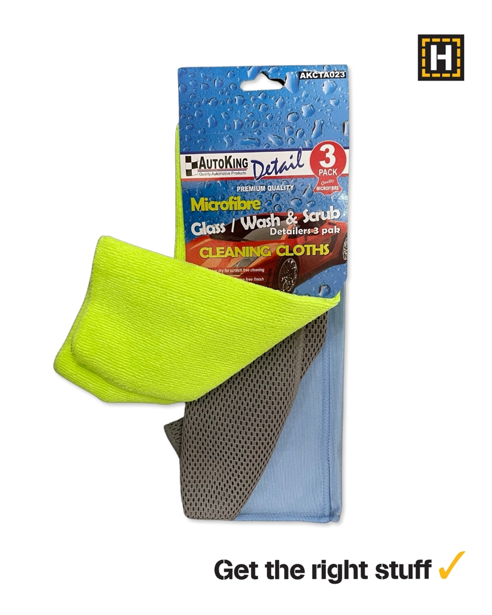 AUTOKING-MICROFIBRE CLOTHS 3 PCE GLAS/SCRUB/WASH