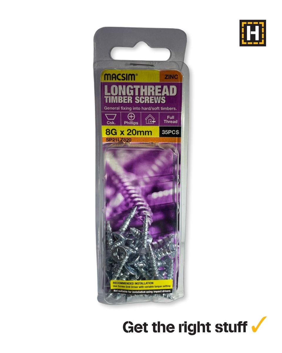 MACSIM 8 X 20mm LONGTHREAD Timber Screws Zinc plated