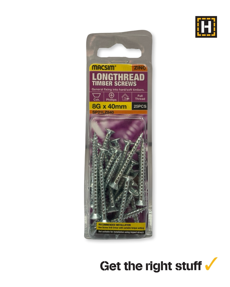 MACSIM 8 X 40mm LONGTHREAD Timber Screws Zinc plated