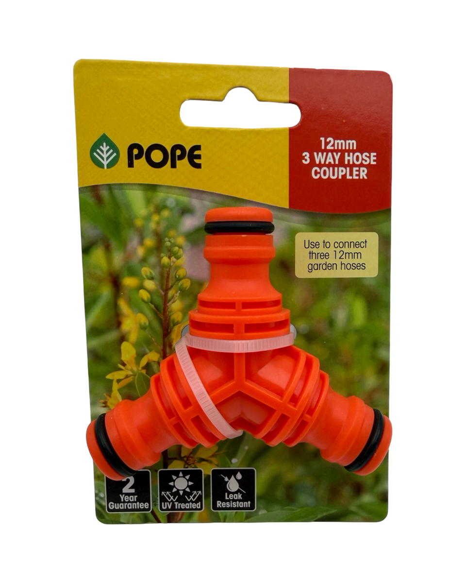 Orange 3-way hose coupler with packaging featuring the brand 'Pope' on a white background.
