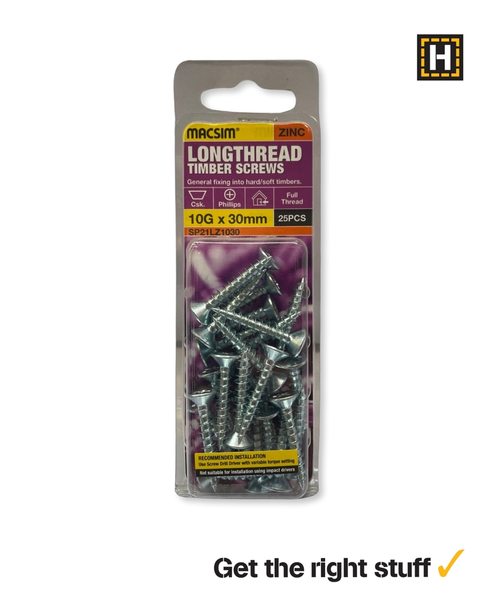 MACSIM 10 X 30mm LONGTHREAD Timber Screws Zinc plated