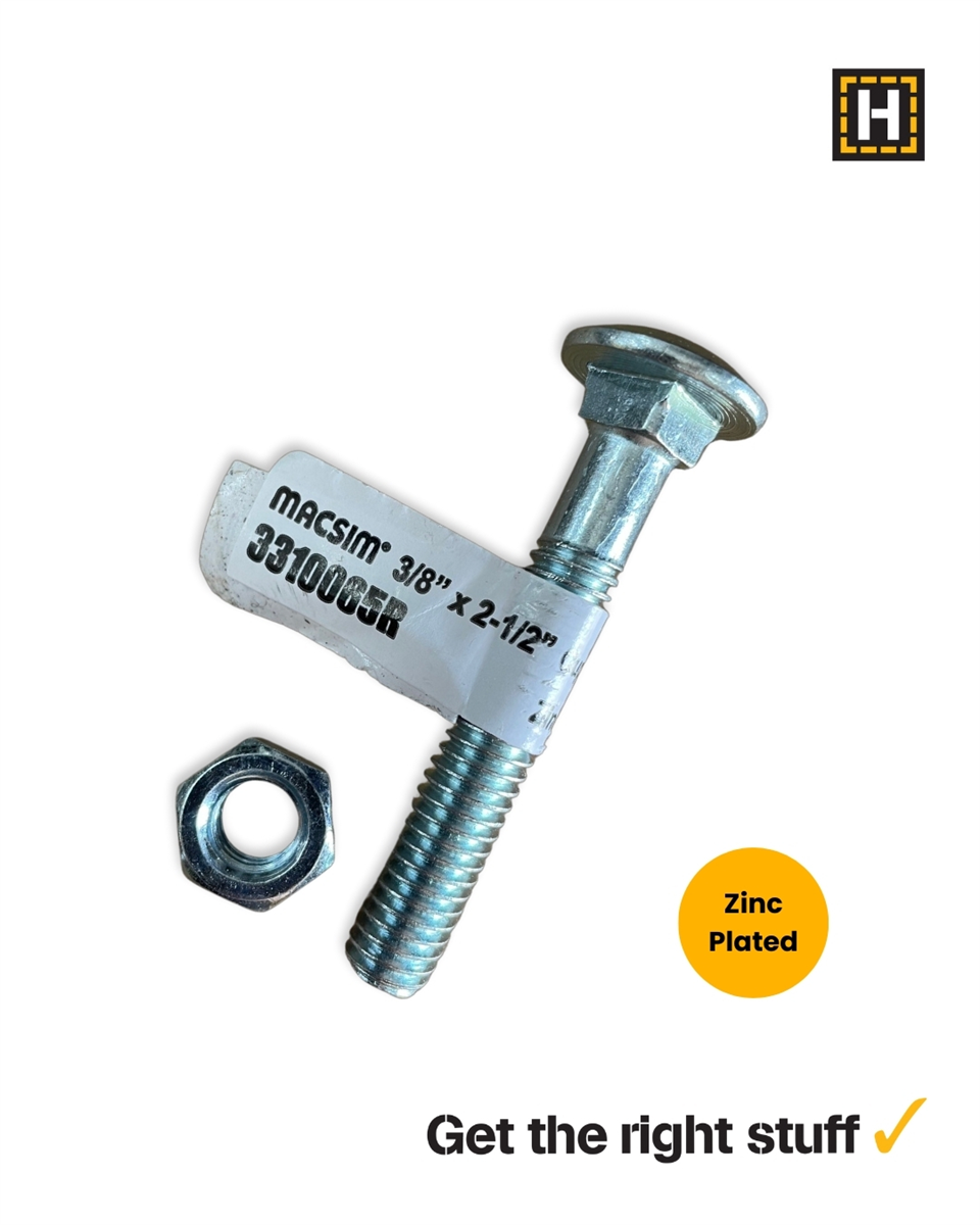 Macsim 3/8 x 2 1/2" Cup head BOLT & NUT Zinc Plated