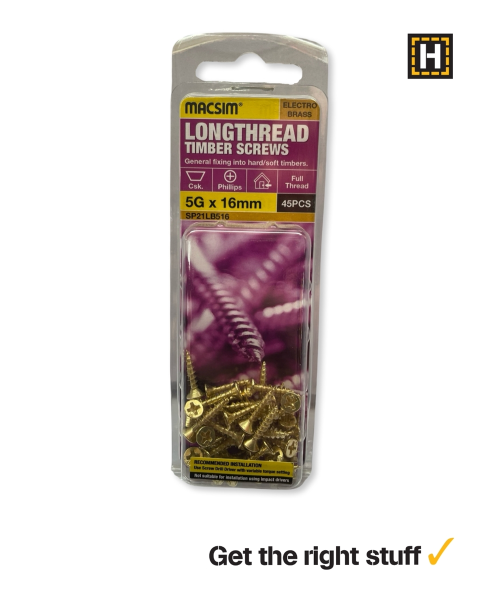 MACSIM 5G X 16mm LONGTHREAD Timber Screws Brass plated