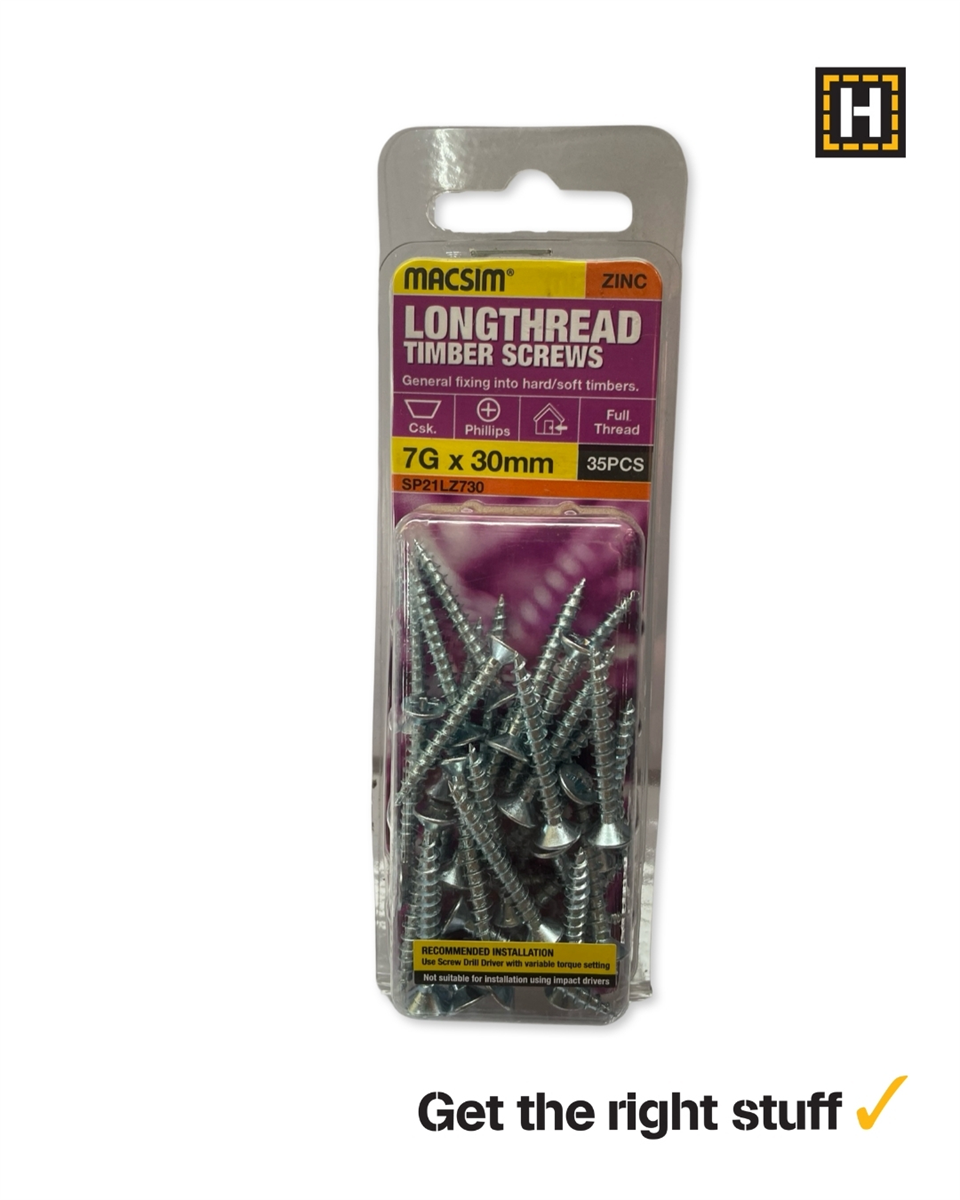 MACSIM 7 X 30mm LONGTHREAD Timber Screws Zinc plated