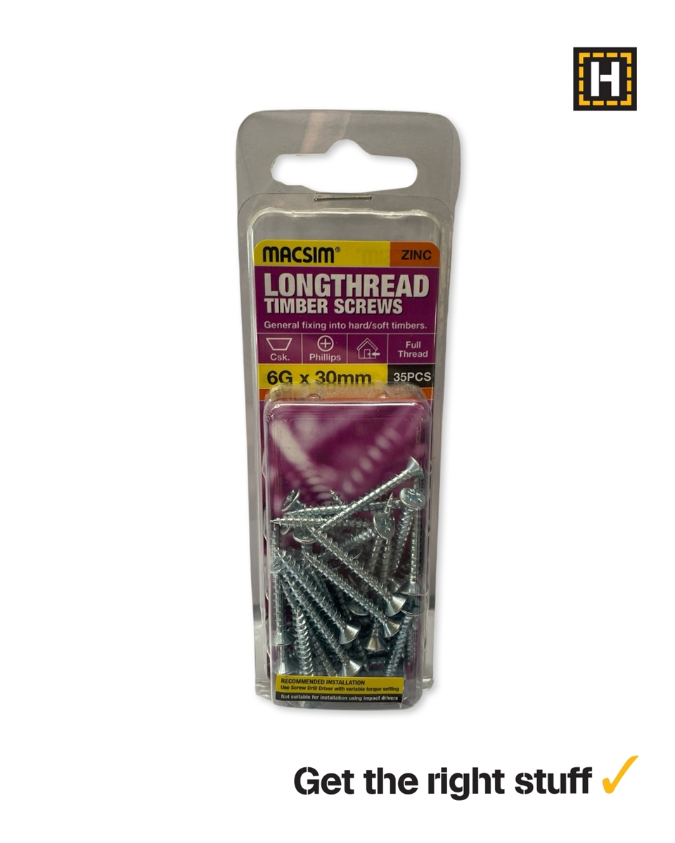 MACSIM 6 X 30mm LONGTHREAD Timber Screws Zinc plated