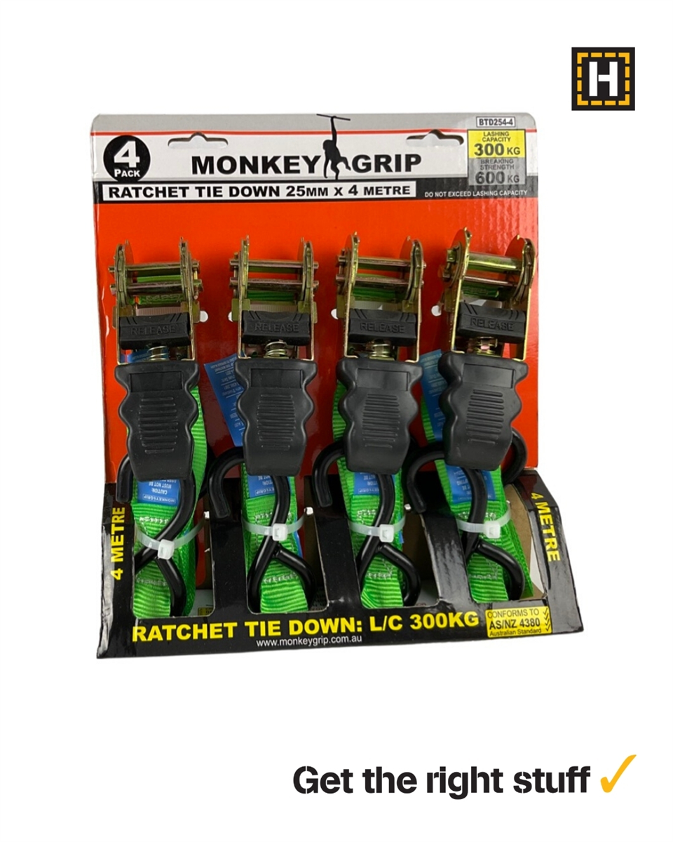 MONKEY GRIP RATCHET TIE DOWN 25mm x 4M 300kg