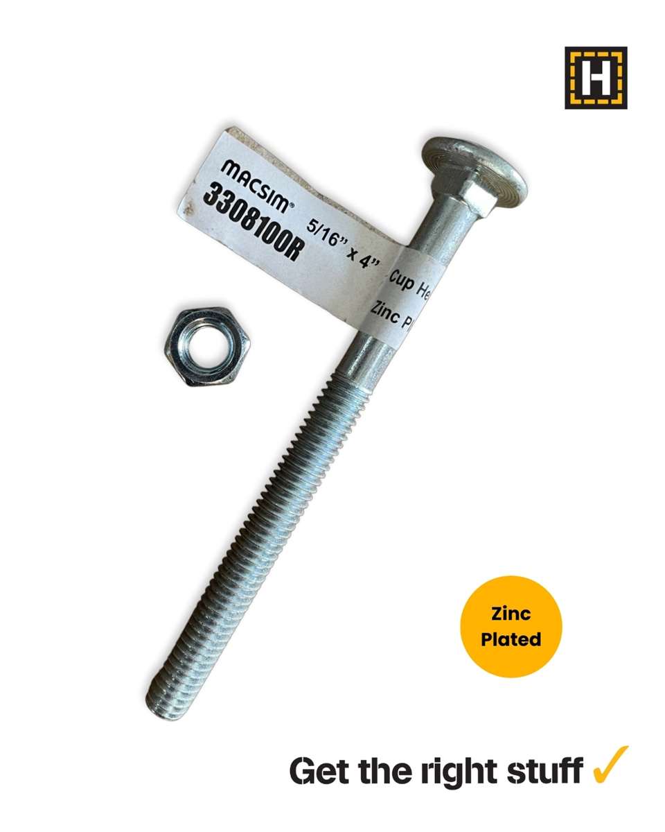 Macsim 5/16 x 4" Cup head BOLT & NUT Zinc Plated