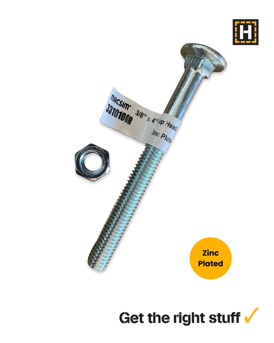 Macsim 3/8 x 4" Cup head BOLT & NUT Zinc Plated