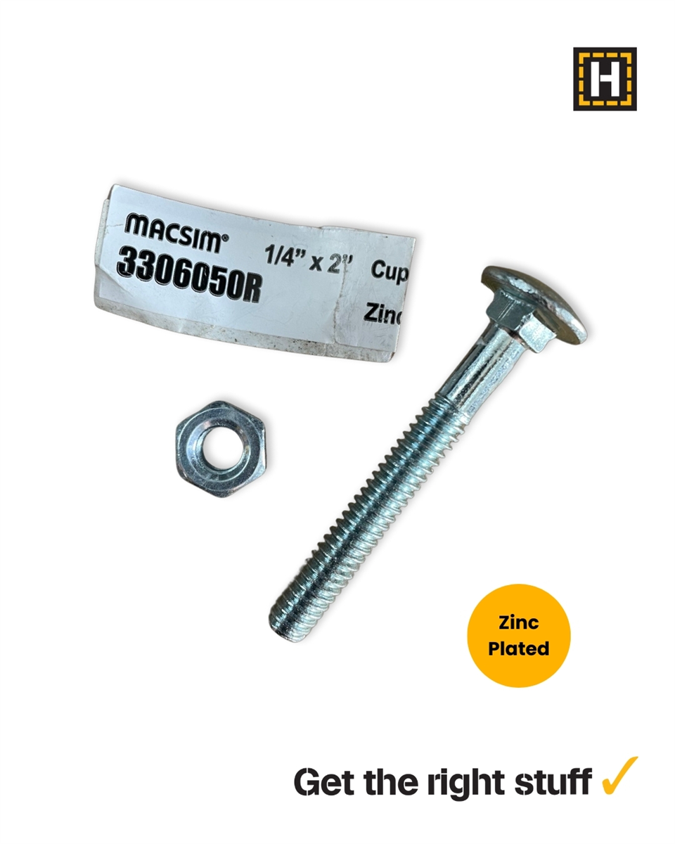 Macsim 1/4 x 2" Cup head BOLT & NUT Zinc Plated