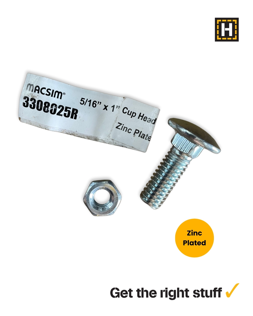 Macsim 5/16 x 1" Cup head BOLT & NUT Zinc Plated