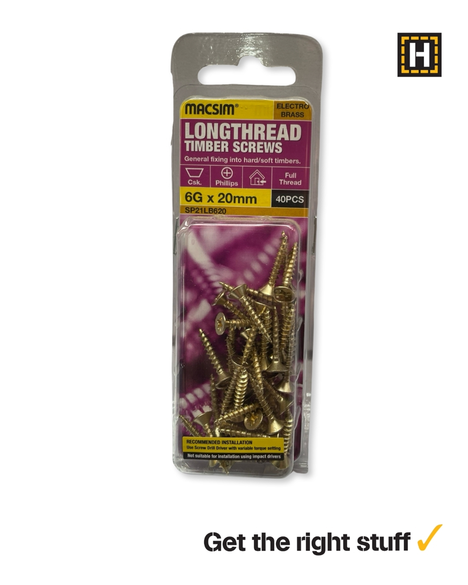 MACSIM 6G X 20mm LONGTHREAD Timber Screws Brass plated