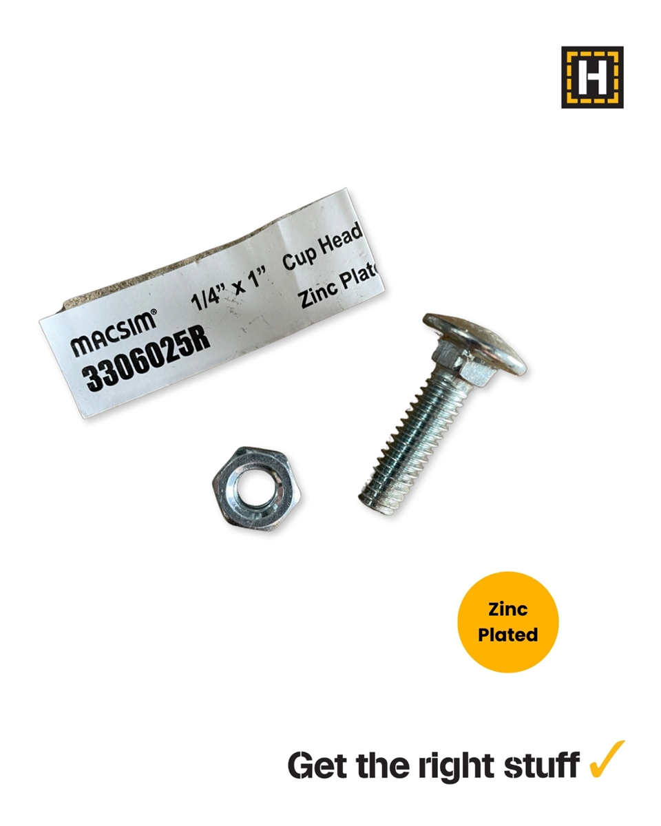 Macsim 1/4 x 1" Cup head BOLT & NUT Zinc Plated