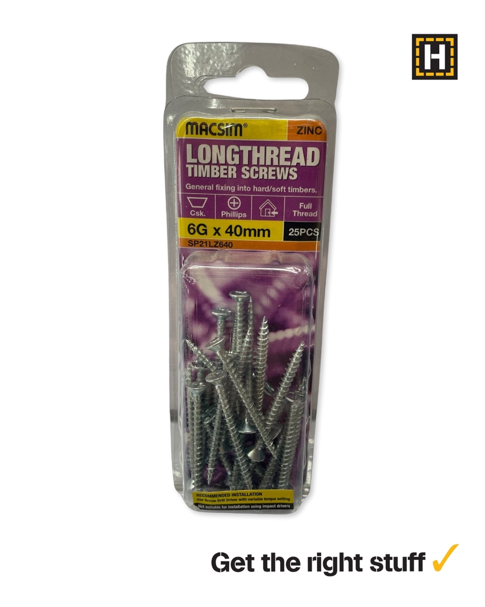MACSIM 6 X 40mm LONGTHREAD Timber Screws Zinc plated