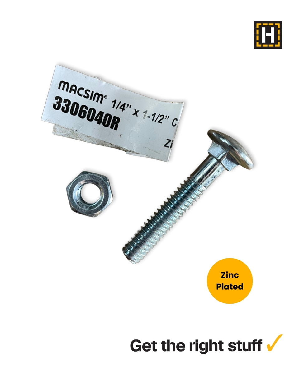 Macsim 1/4 x 1 1/2" Cup head BOLT & NUT Zinc Plated