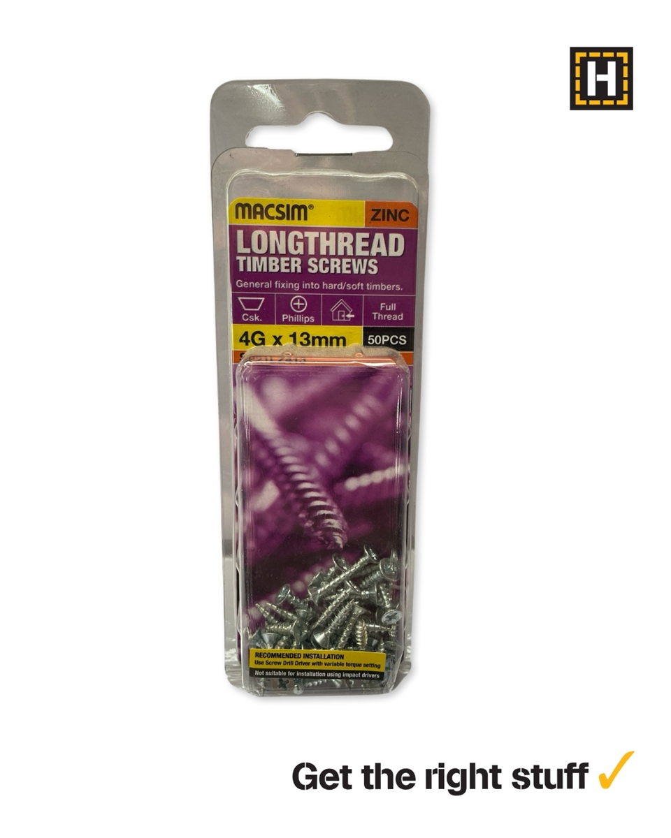 MACSIM 4 X 13mm LONGTHREAD Timber Screws Zinc plated