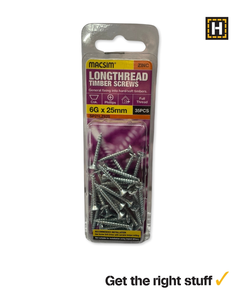 MACSIM 6 X 25mm LONGTHREAD Timber Screws Zinc plated