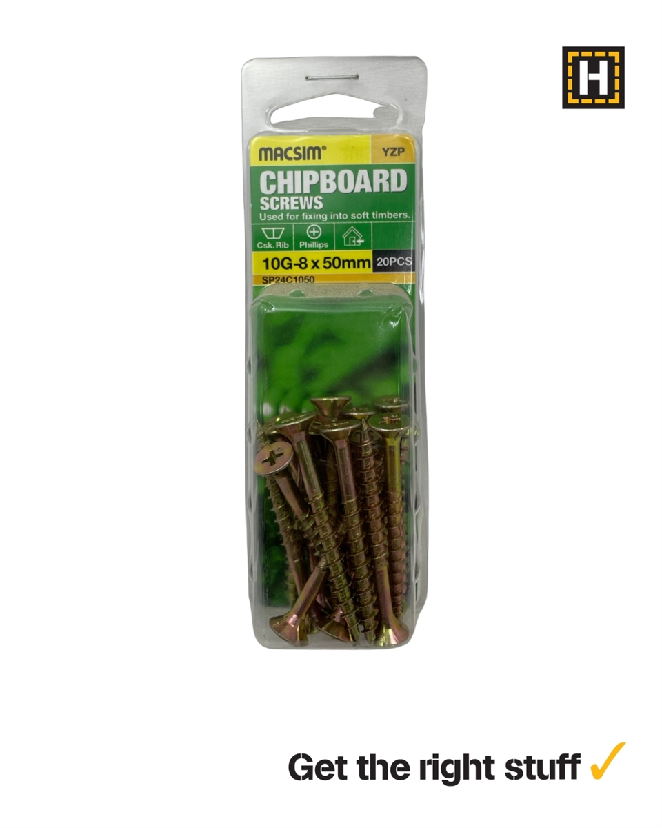 MACSIM 10-8 X 50mm CHIPBOARD Screws Yellow Zinc