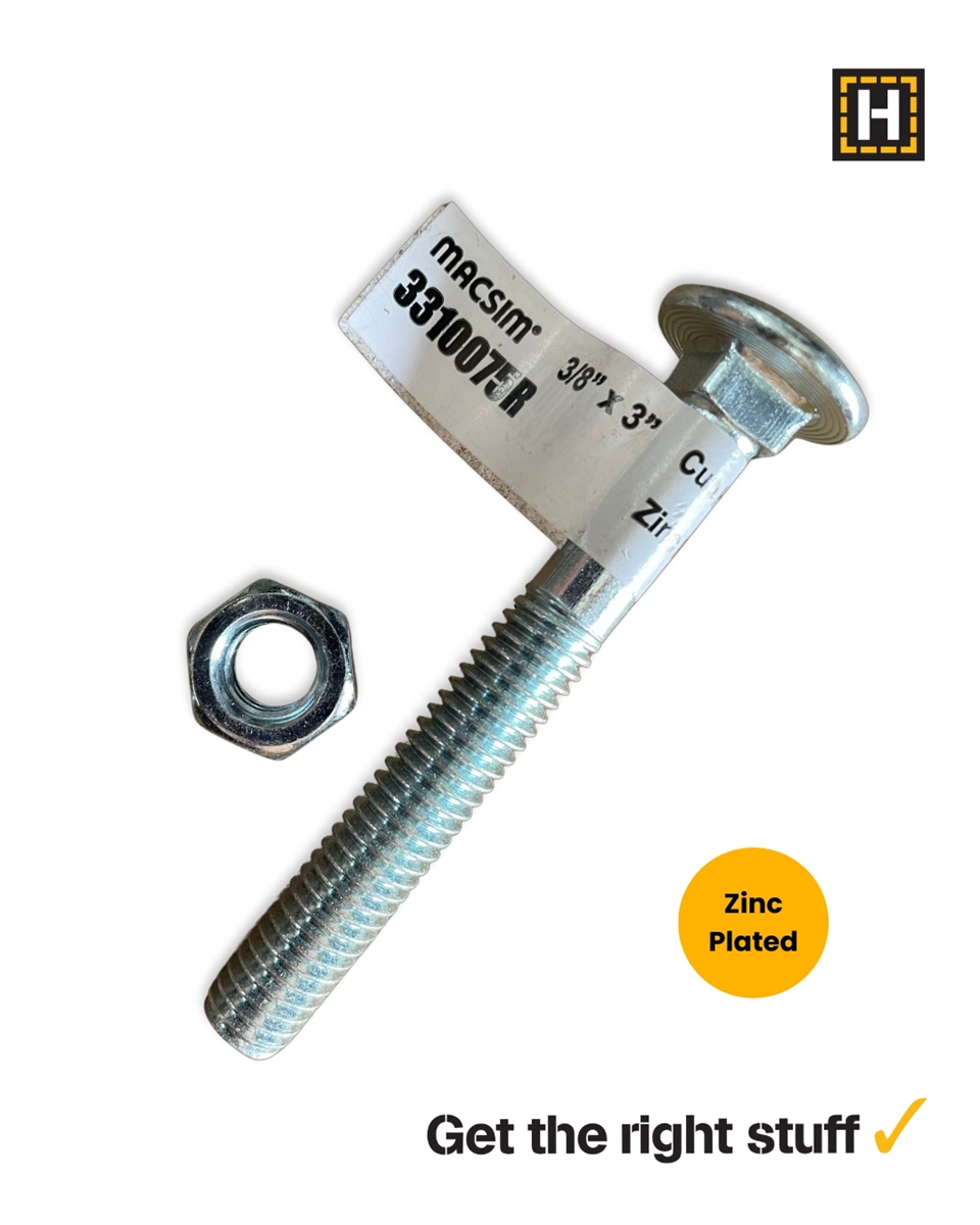Macsim 3/8 x 3" Cup head BOLT & NUT Zinc Plated
