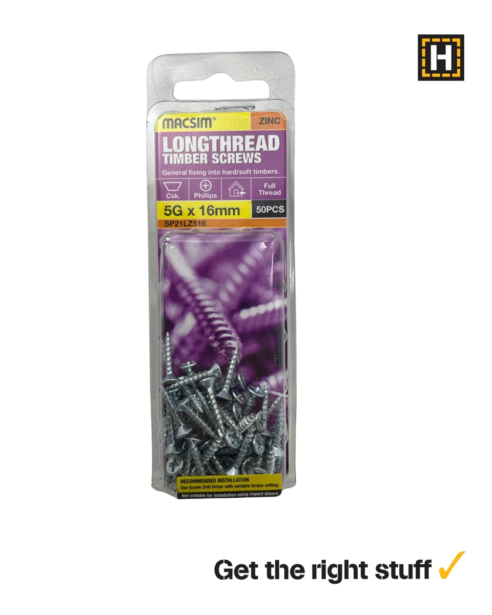 MACSIM 5 X 16mm LONGTHREAD Timber Screws Zinc plated