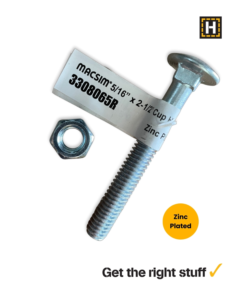 Macsim 5/16 x 2 1/2" Cup head BOLT & NUT Zinc Plated