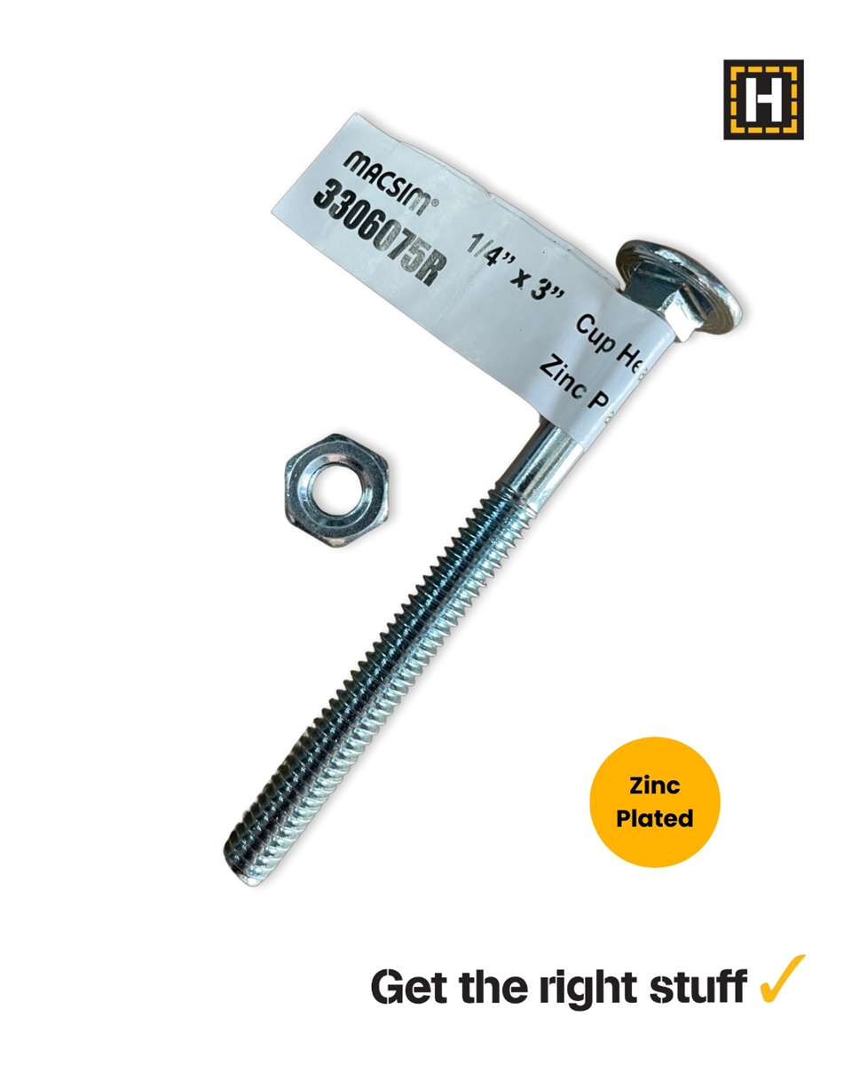 Macsim 1/4 x 3" Cup head BOLT & NUT Zinc Plated