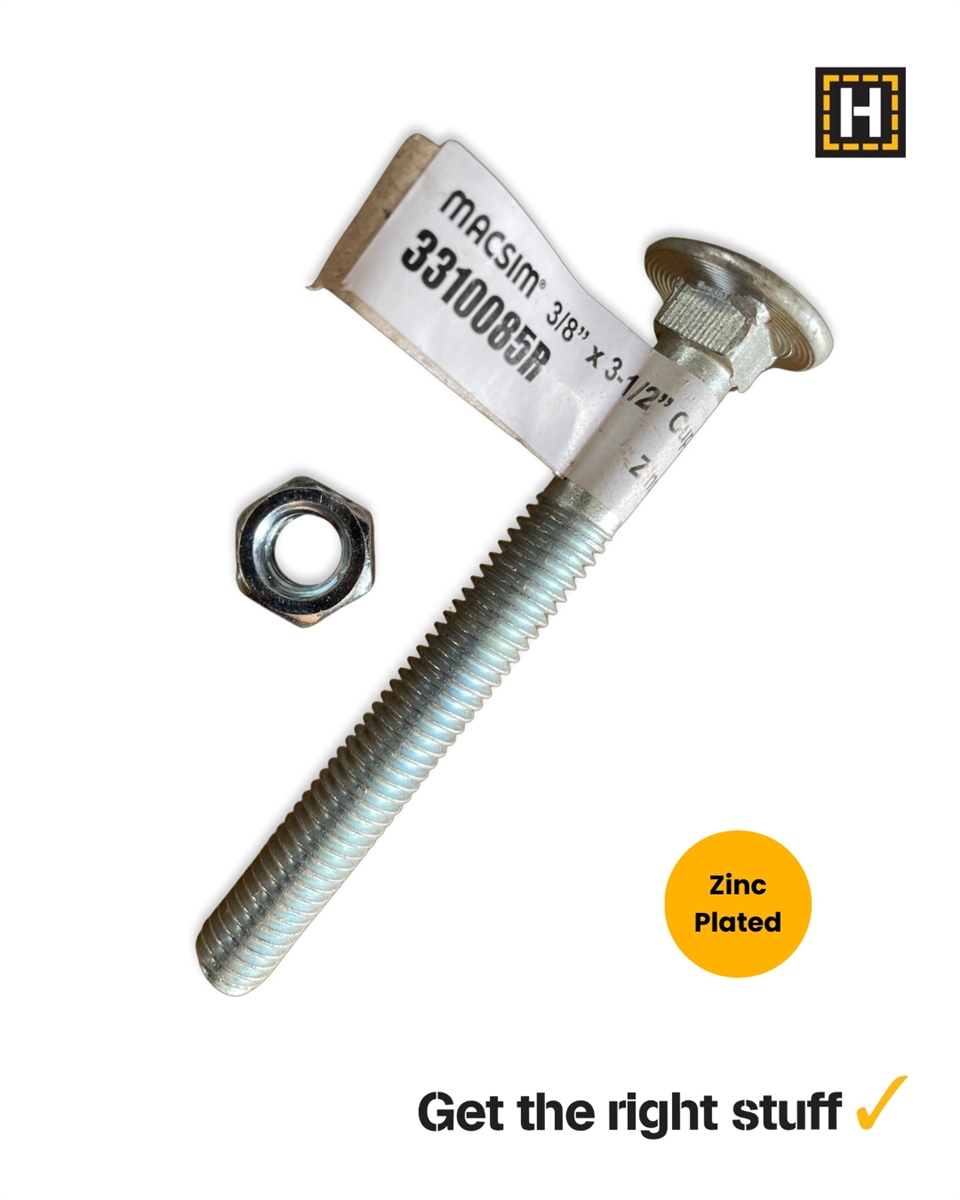 Macsim 3/8 x 3 1/2" Cup head BOLT & NUT Zinc Plated