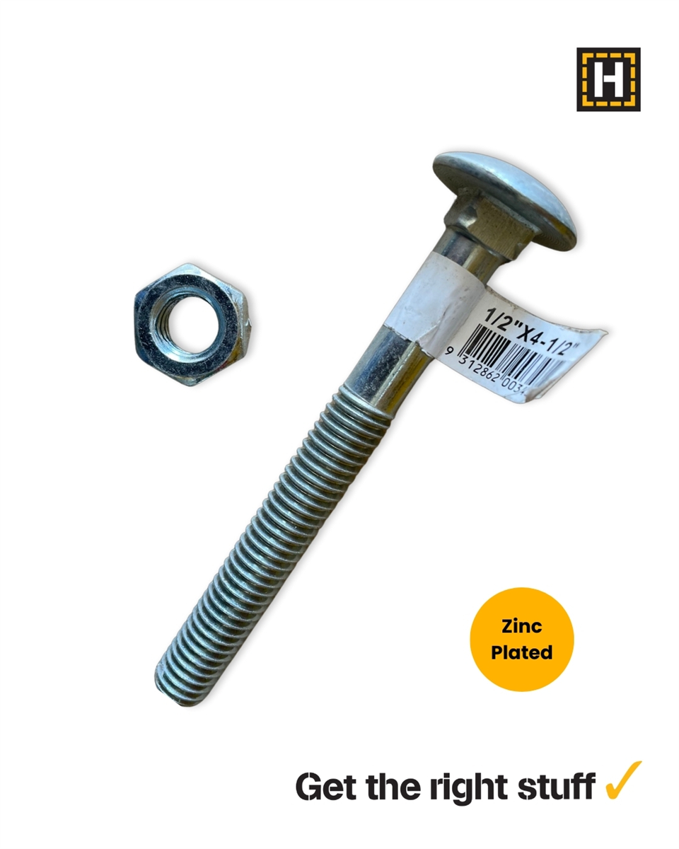 Macsim 1/2 x 4 1/2" Cup head BOLT & NUT Zinc Plated