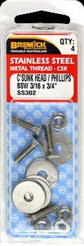 BOLT C/S 3/16X3/4 SS PKT4