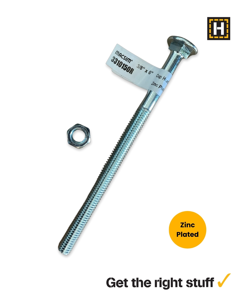 Macsim 3/8 x 6" Cup head BOLT & NUT Zinc Plated