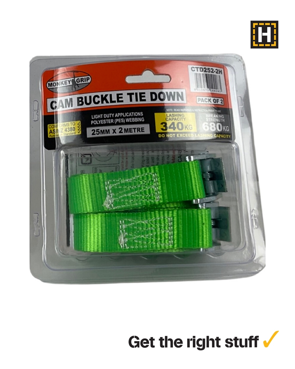 MONKEY GRIP TIE DOWN CAM-HD 25mm X2M 2PCE 340KG