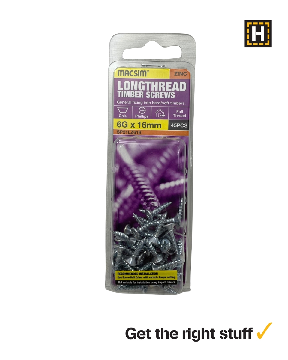 MACSIM 6 X 16mm LONGTHREAD Timber Screws Zinc plated