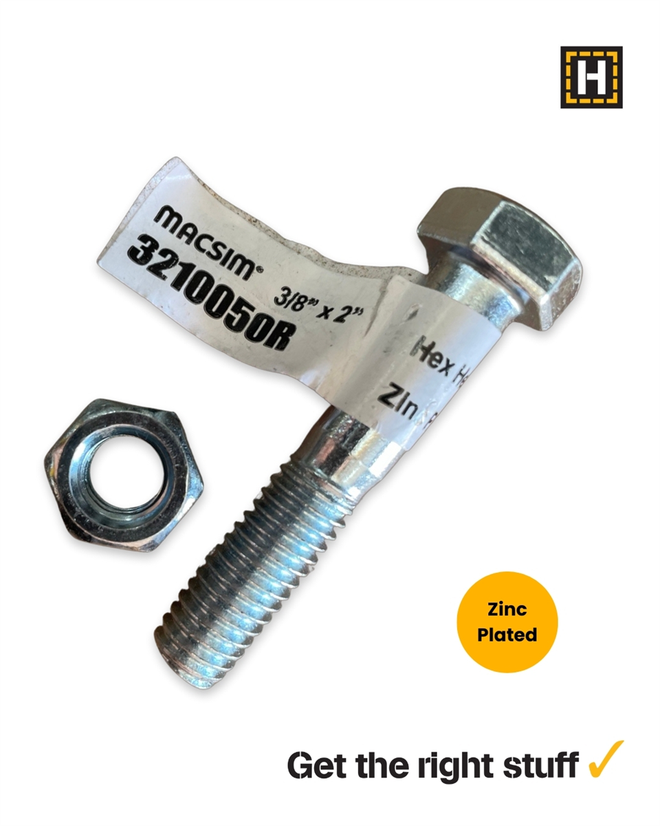 Macsim 3/8 x 2 HEX BOLT & NUT Zinc Plated