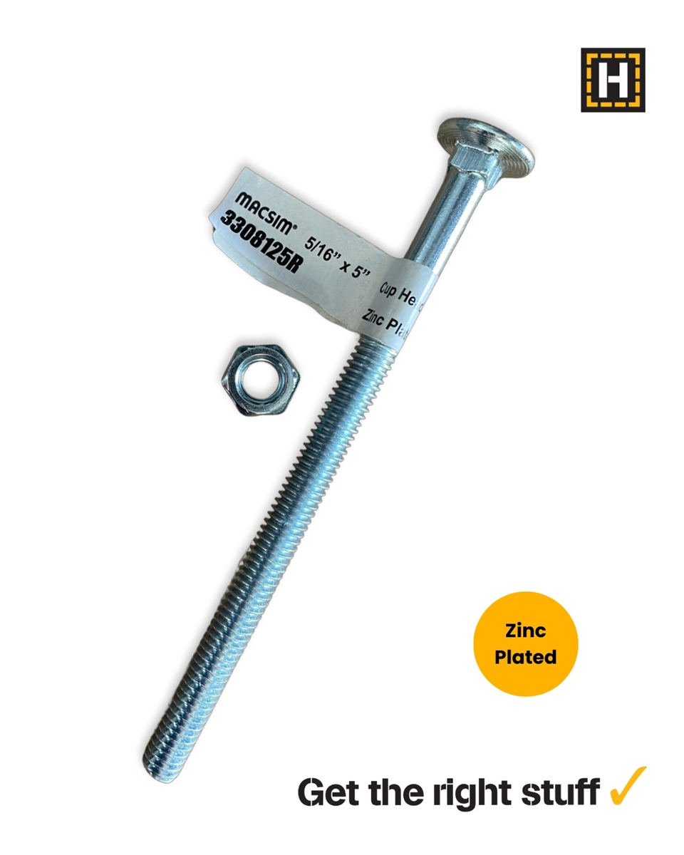 Macsim 5/16 x 5" Cup head BOLT & NUT Zinc Plated