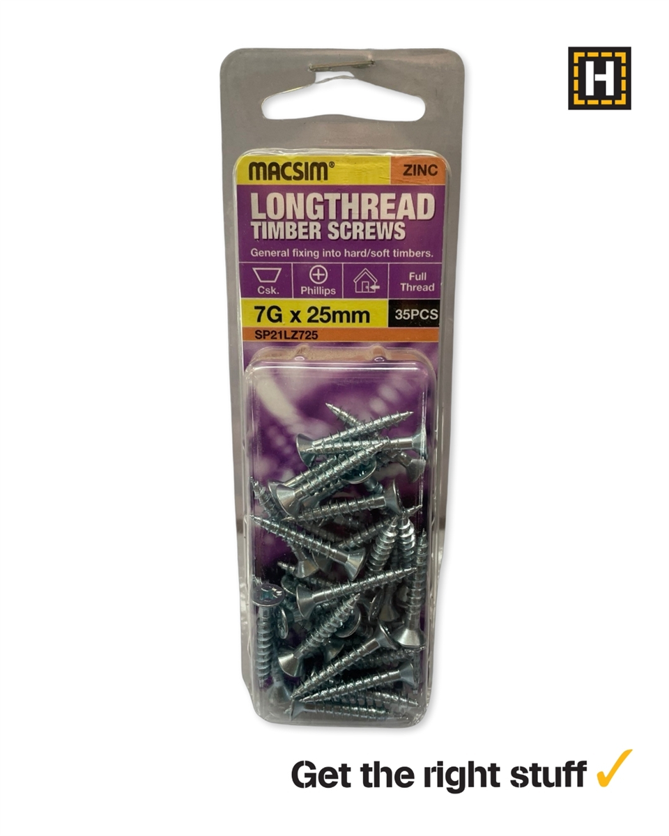MACSIM 7 X 25mm LONGTHREAD Timber Screws Zinc plated