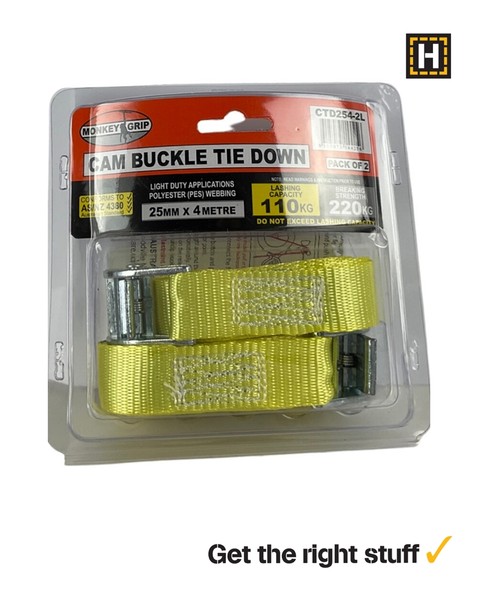 MONKEY GRIP TIE DOWN CAM-LD 25mm X4M 2PCE 110KG