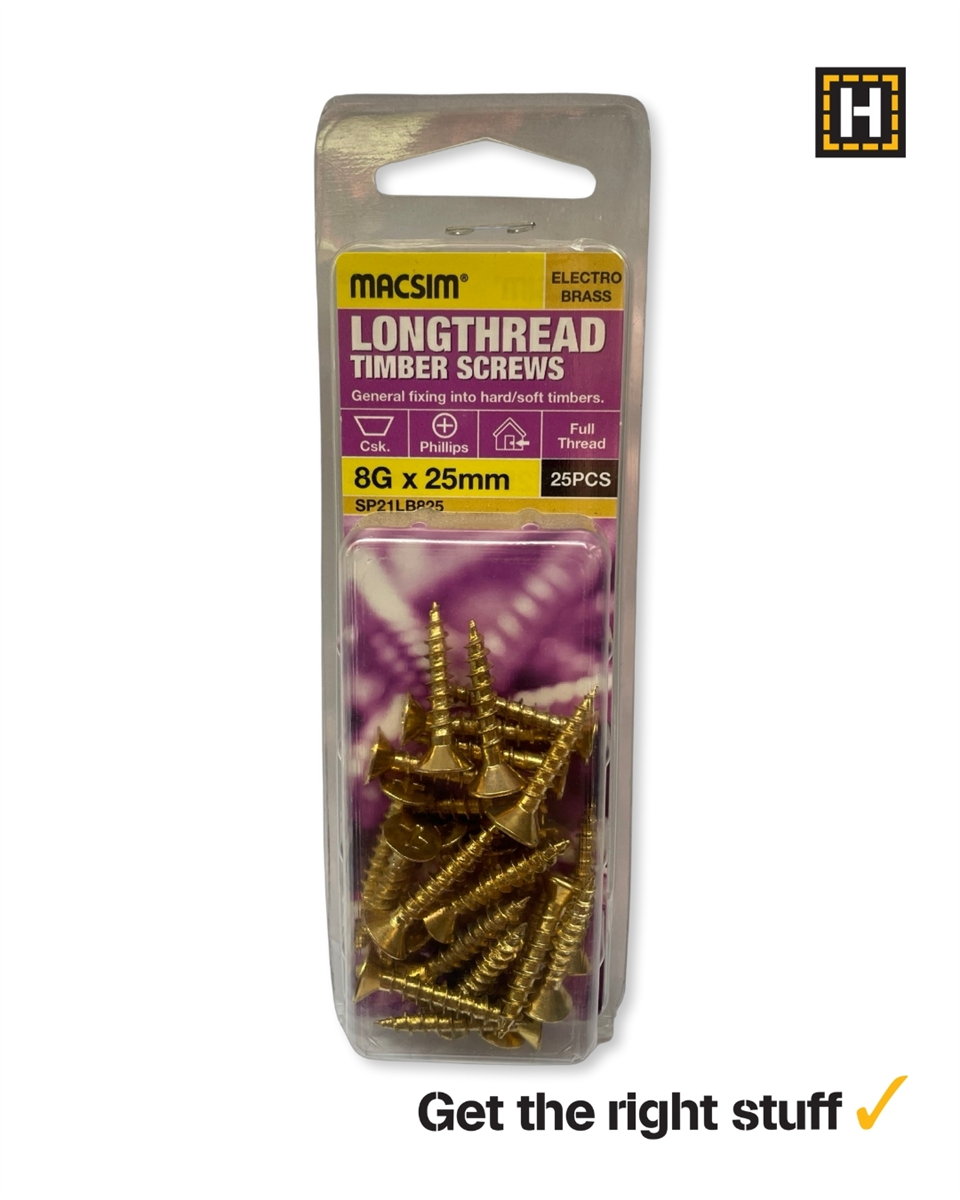 MACSIM 8G X 25mm LONGTHREAD Timber Screws Brass plated