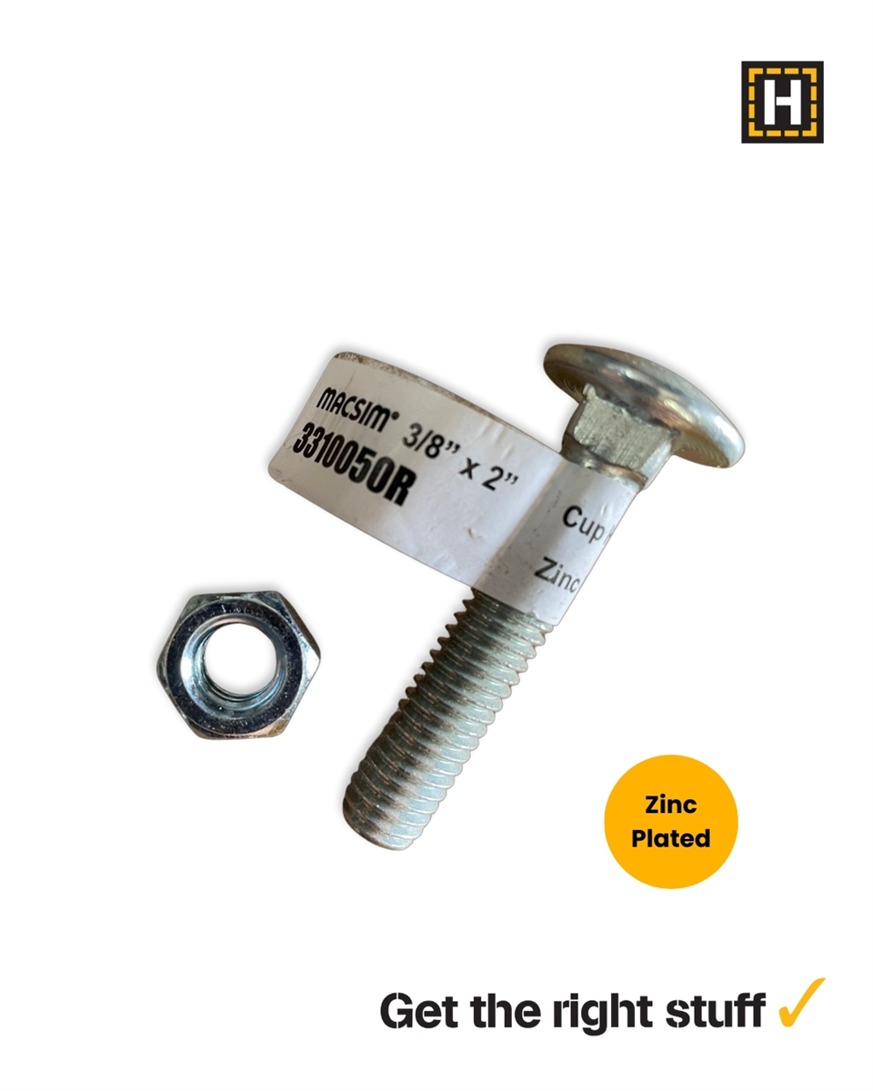Macsim 3/8 x 2" Cup head BOLT & NUT Zinc Plated