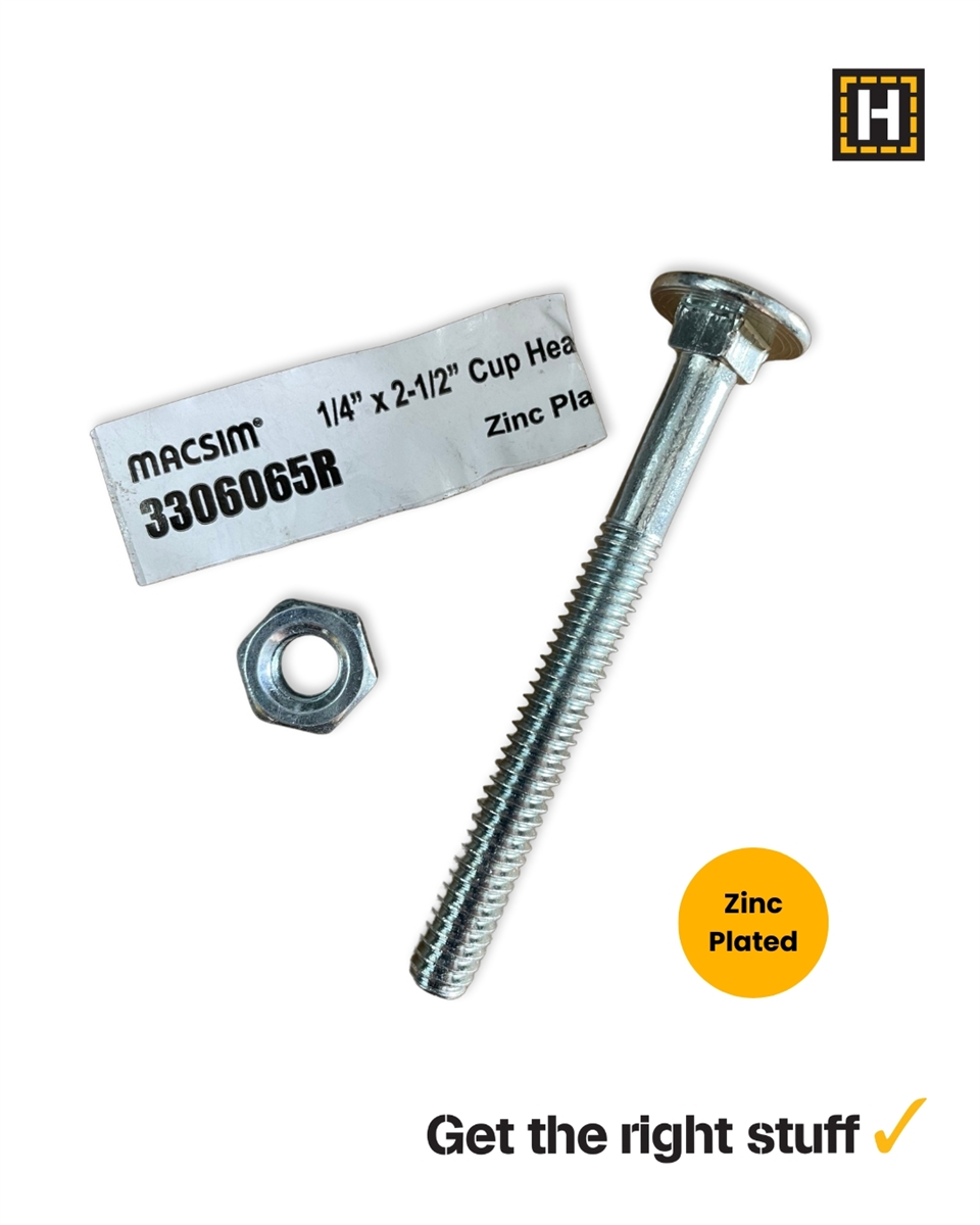 Macsim 1/4 x 2 1/2" Cup head BOLT & NUT Zinc Plated
