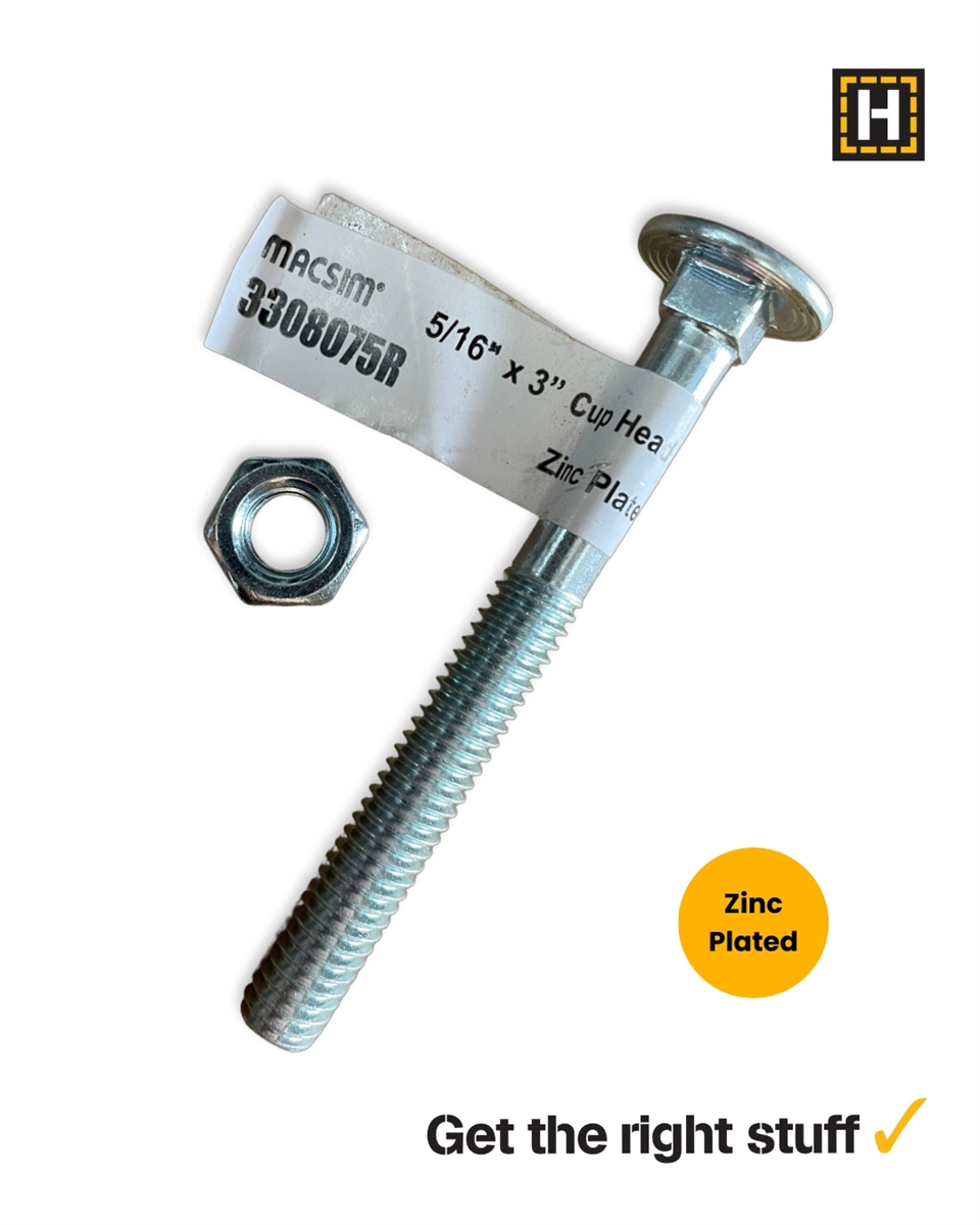 Macsim 5/16 x 3" Cup head BOLT & NUT Zinc Plated