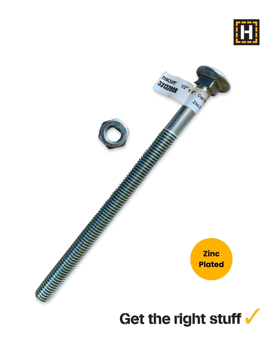 Macsim 1/2 x 8" Cup head BOLT & NUT Zinc Plated