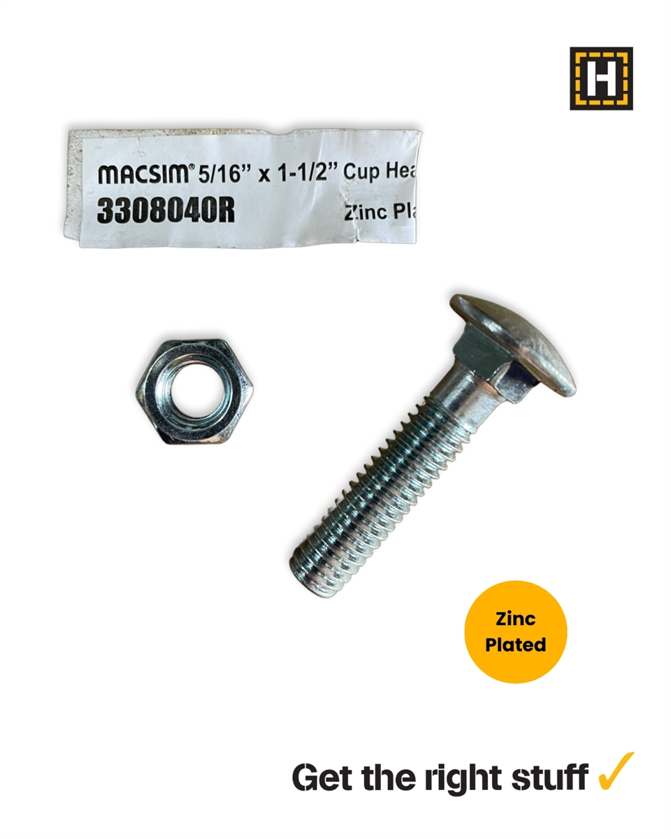 Macsim 5/16 x 1 1/2" Cup head BOLT & NUT Zinc Plated