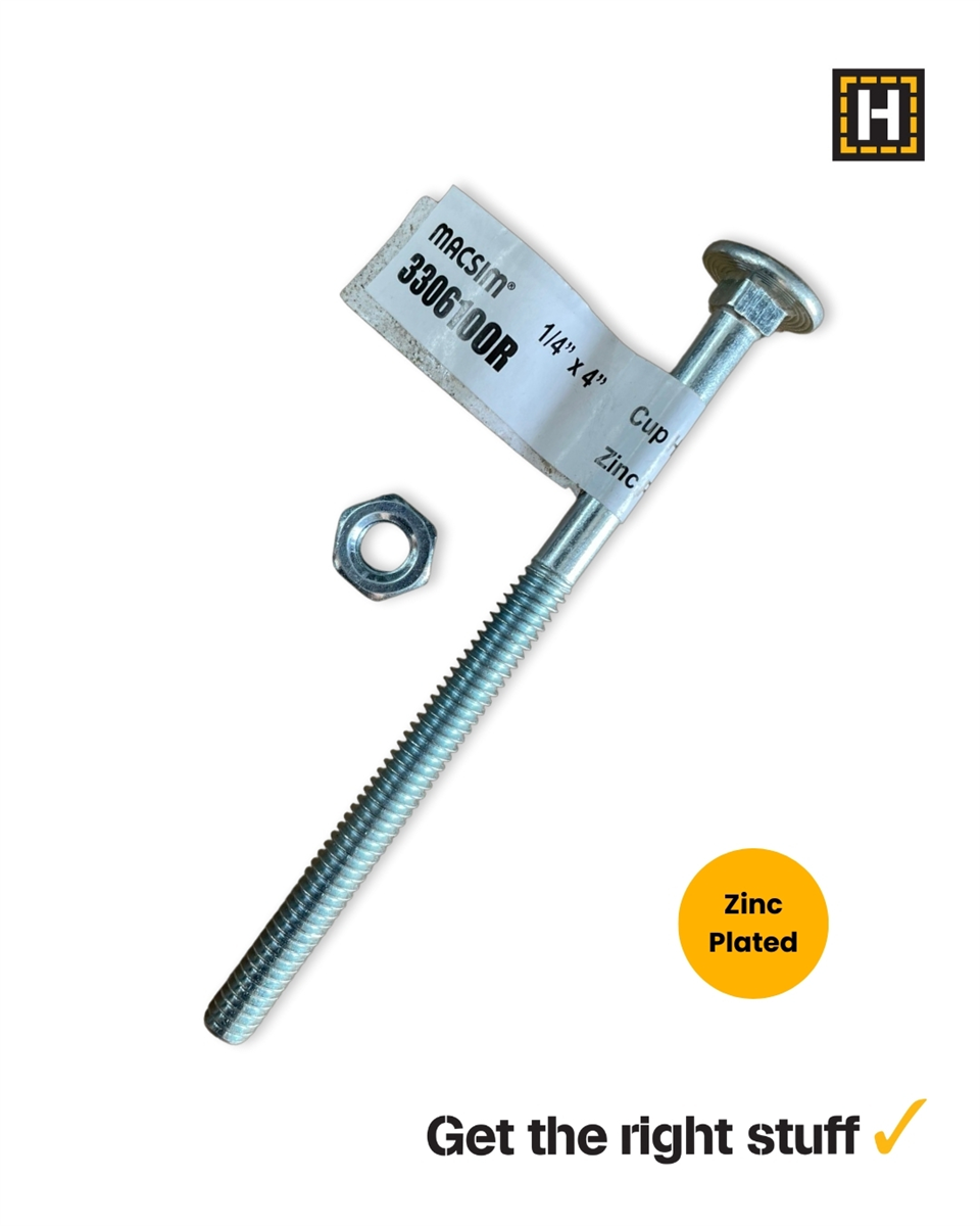 Macsim 1/4 x 4" Cup head BOLT & NUT Zinc Plated