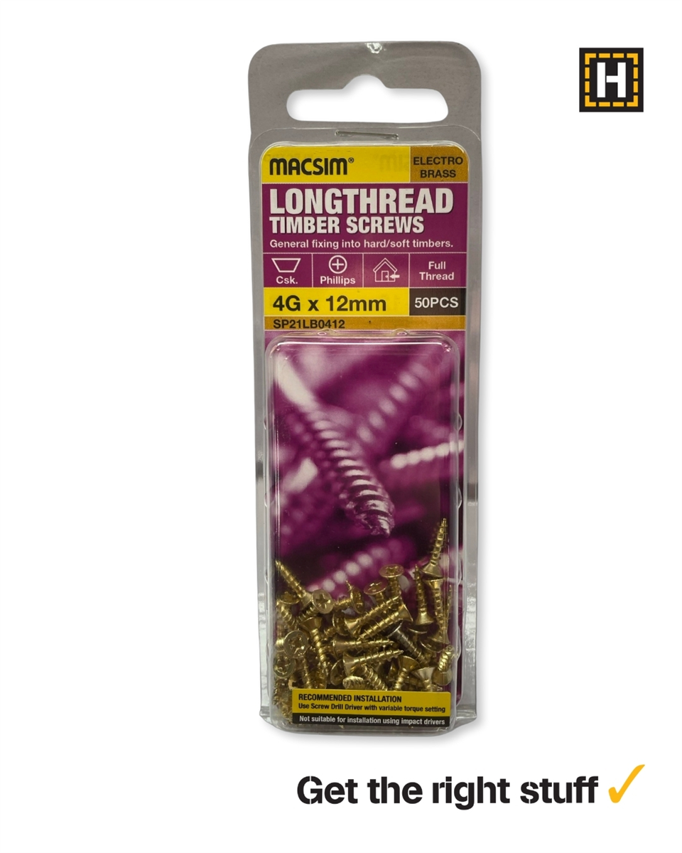 MACSIM 4G X 12mm LONGTHREAD Timber Screws Brass plated
